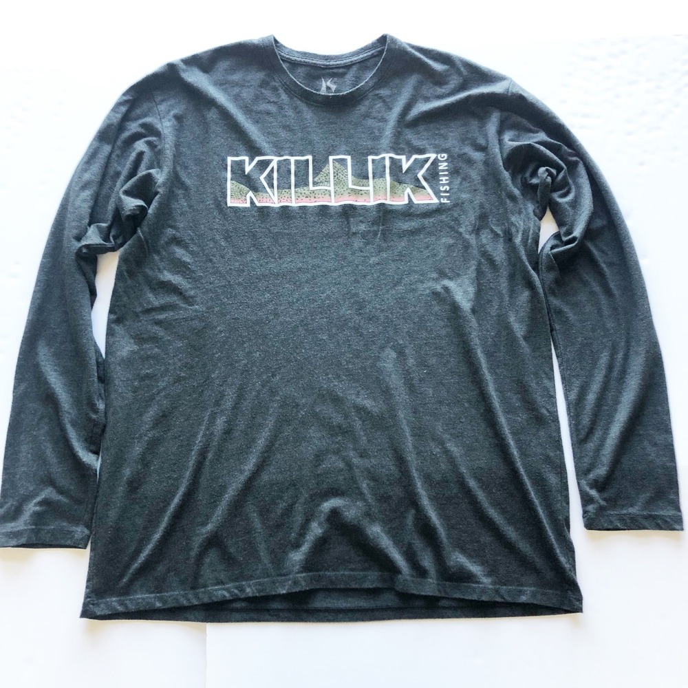 Killik Fishing Shirt Mens 2XL Gray Long Sleeve Graphic T-Shirt Rainbow Trout